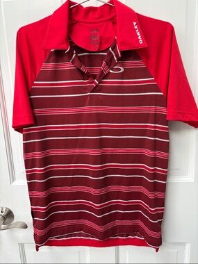 Oakley Red and Maroon Striped Performance Polo